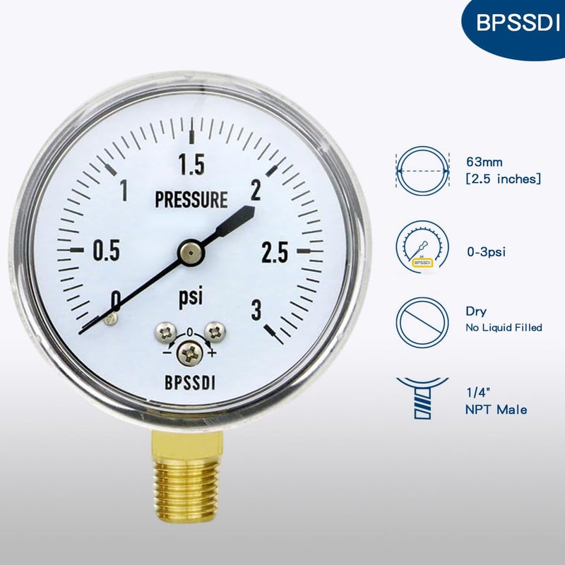 BPSSDI مقياس ضغط منخفض 0-3 Psi، مقياس كبسولة، علبة من الفولاذ المقاوم للصدأ 304، حجم قرص 2.5 بوصة، تركيب سفلي 1/4" NPT، ضبط الصفر، لاختبار ضغط الهواء والماء والغاز - Image 2